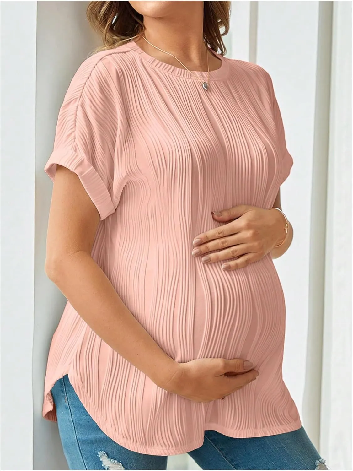 OYOANGLE Women's Casual Maternity T-Shirt Textured Short Sleeve Crew Neck Loose Tunic Top Pregnancy Blouse Tee