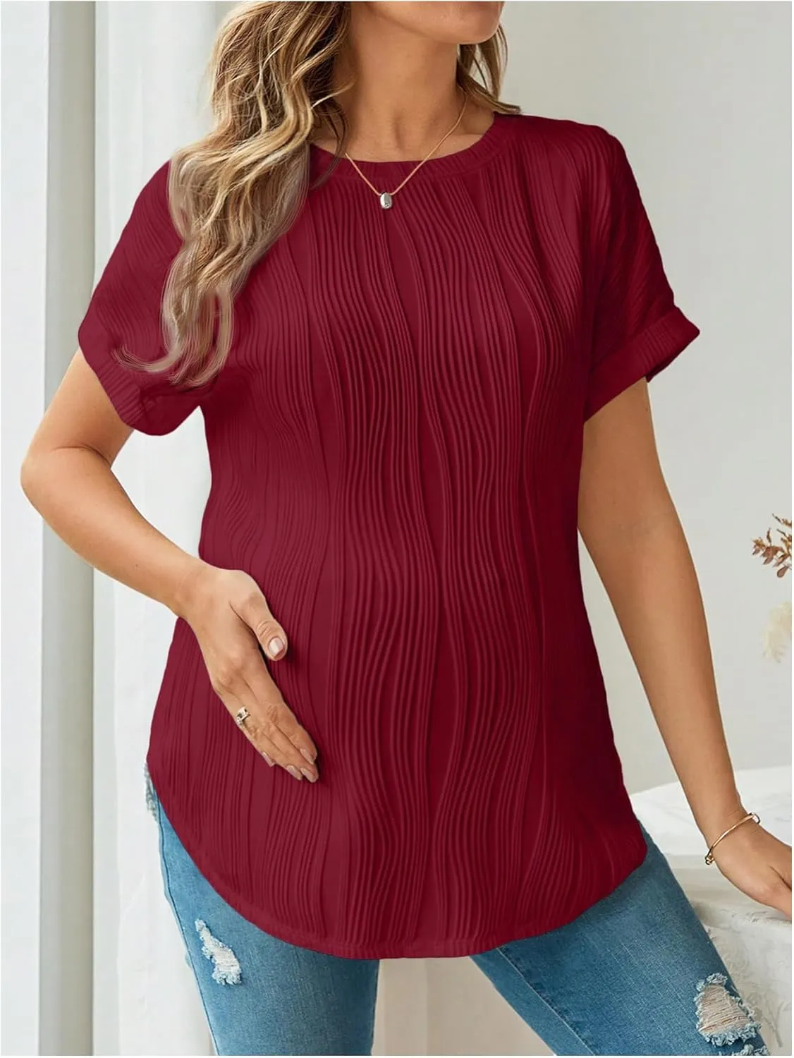 OYOANGLE Women's Casual Maternity T-Shirt Textured Short Sleeve Crew Neck Loose Tunic Top Pregnancy Blouse Tee