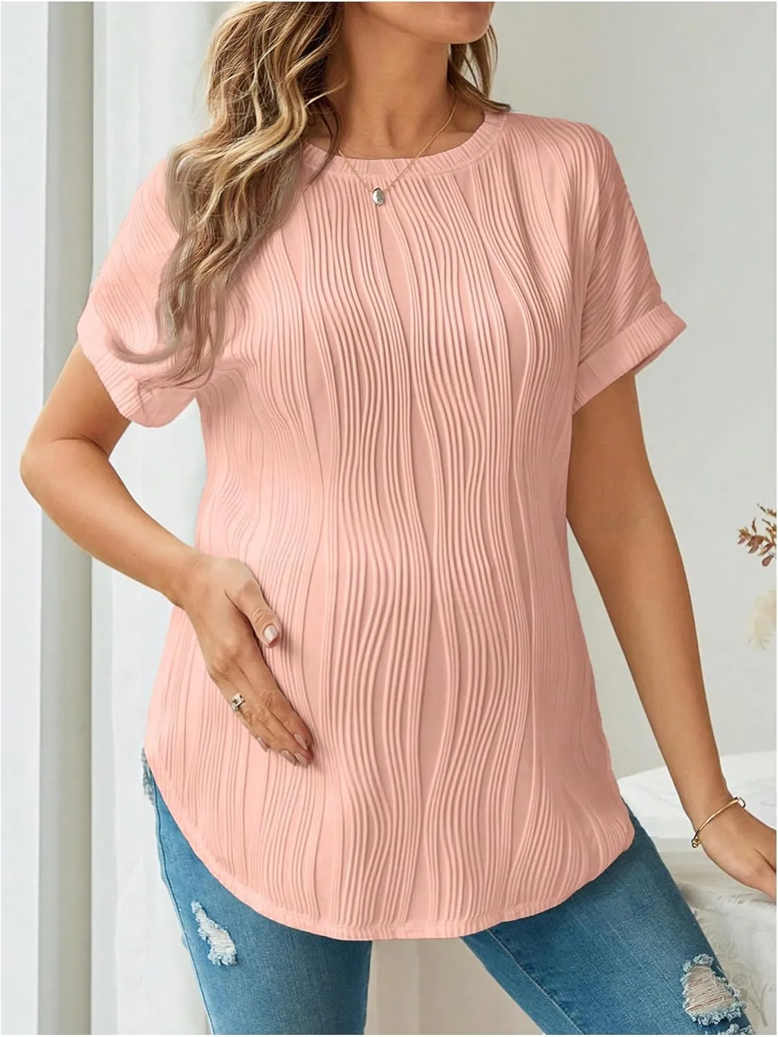 OYOANGLE Women's Casual Maternity T-Shirt Textured Short Sleeve Crew Neck Loose Tunic Top Pregnancy Blouse Tee