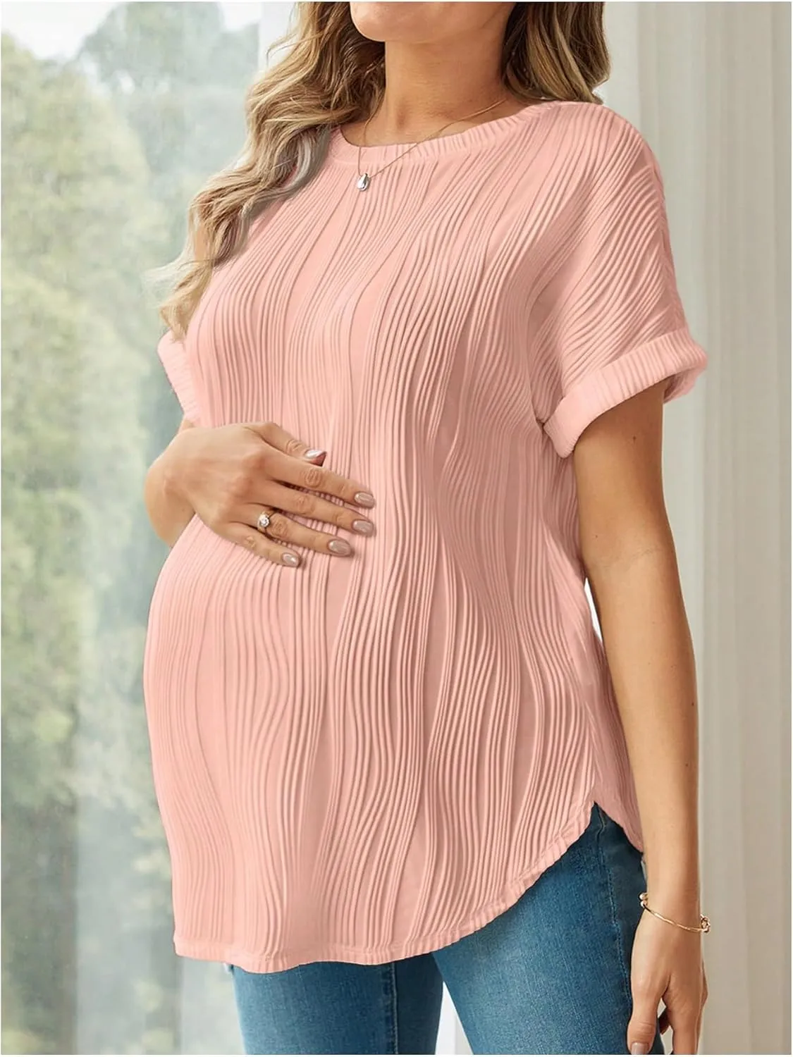 OYOANGLE Women's Casual Maternity T-Shirt Textured Short Sleeve Crew Neck Loose Tunic Top Pregnancy Blouse Tee