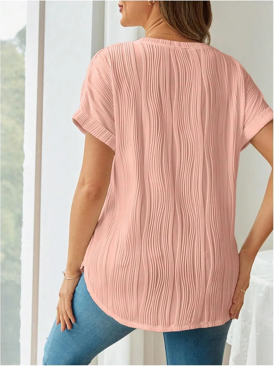 OYOANGLE Women's Casual Maternity T-Shirt Textured Short Sleeve Crew Neck Loose Tunic Top Pregnancy Blouse Tee