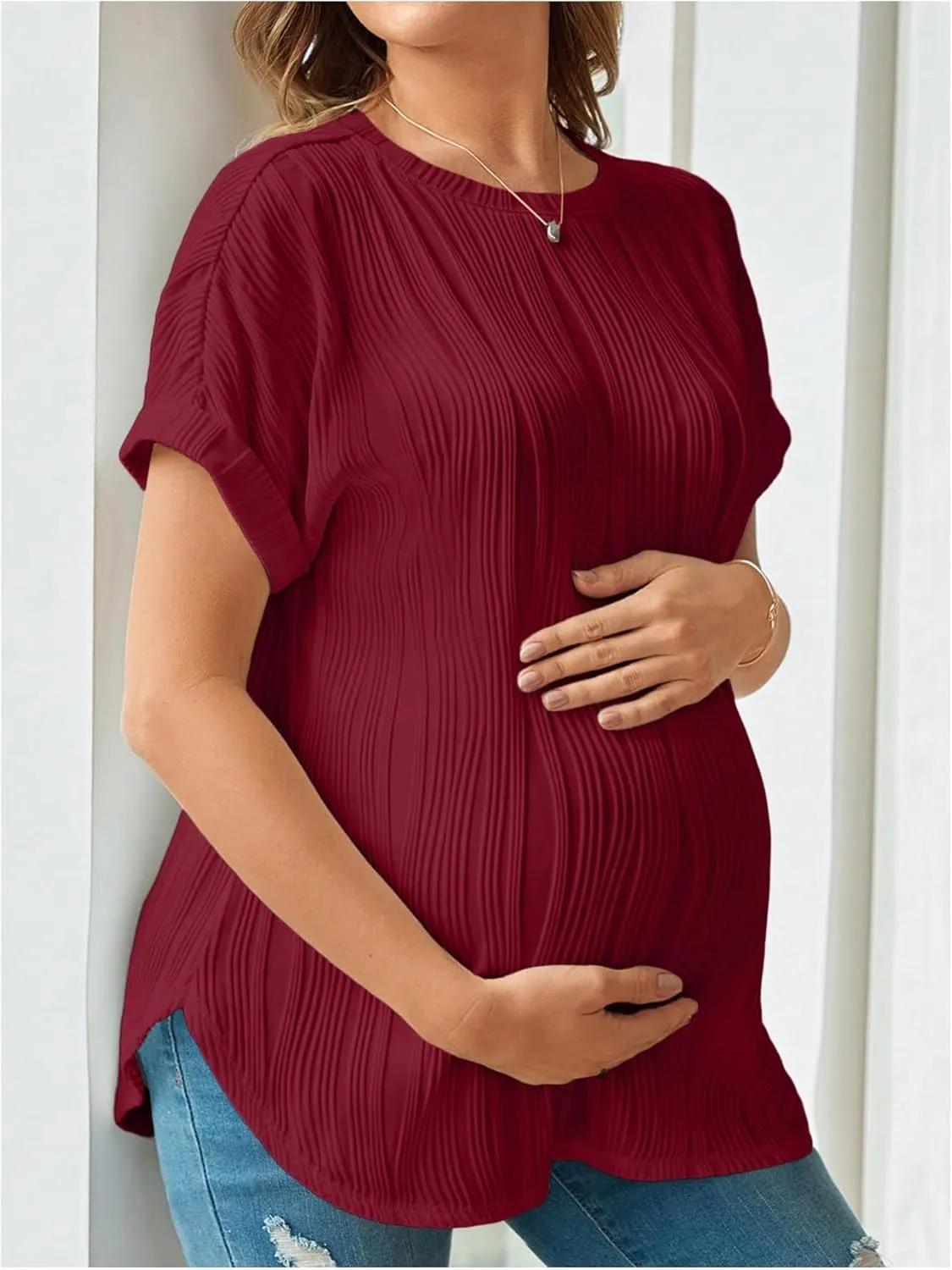 OYOANGLE Women's Casual Maternity T-Shirt Textured Short Sleeve Crew Neck Loose Tunic Top Pregnancy Blouse Tee