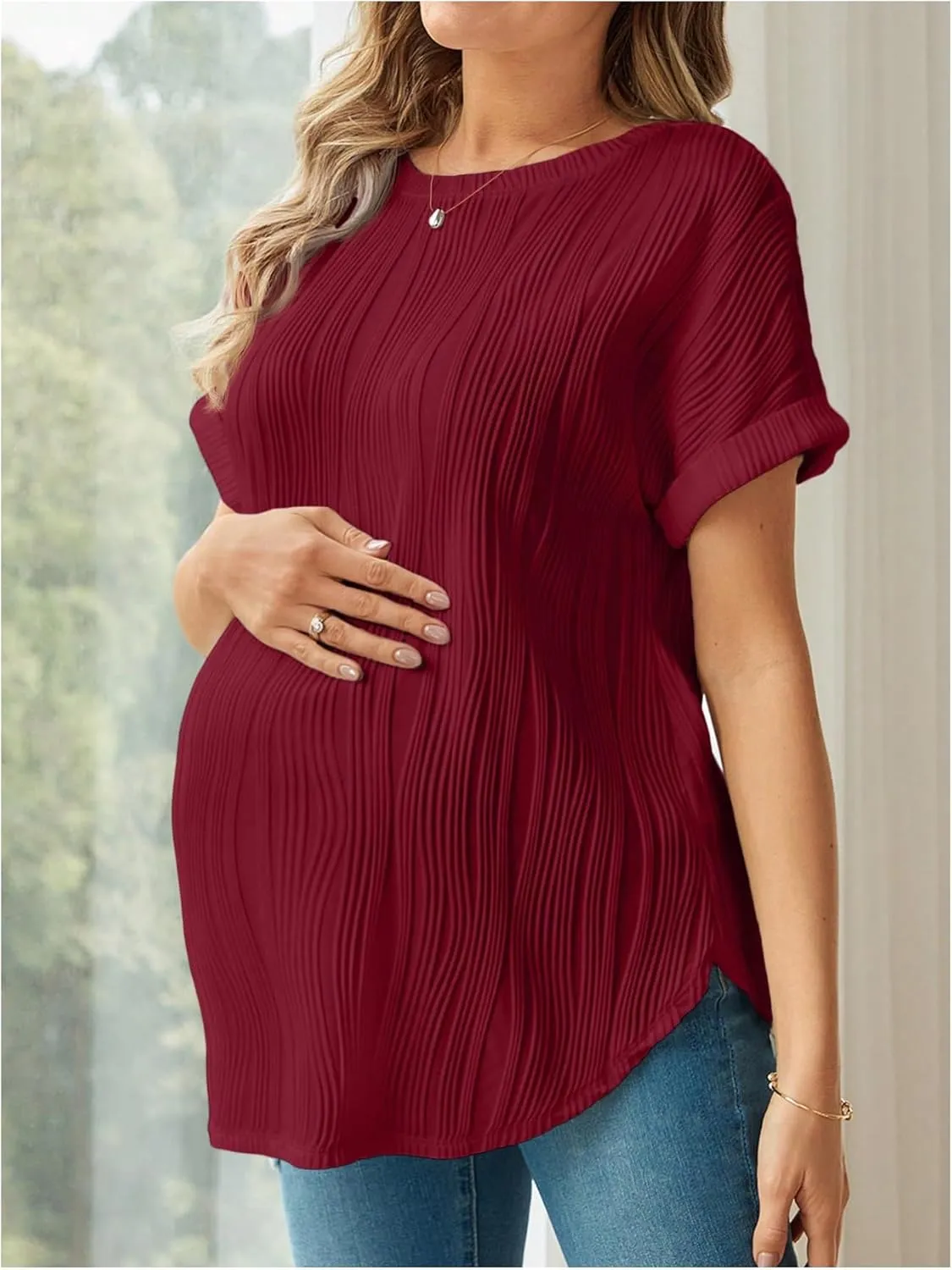 OYOANGLE Women's Casual Maternity T-Shirt Textured Short Sleeve Crew Neck Loose Tunic Top Pregnancy Blouse Tee