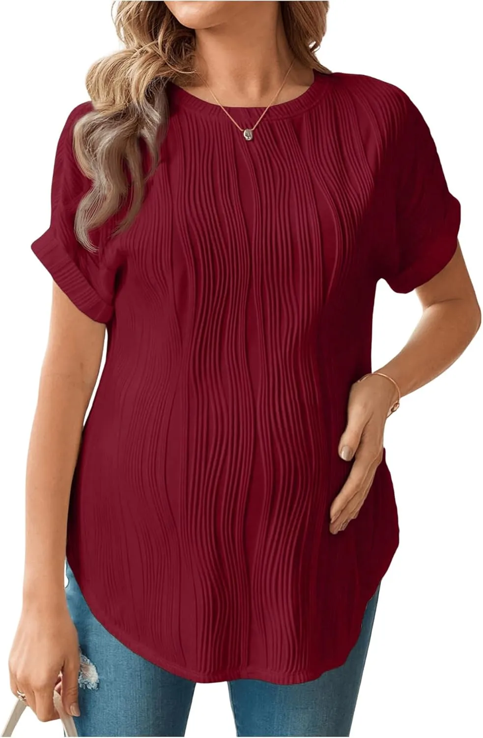 OYOANGLE Women's Casual Maternity T-Shirt Textured Short Sleeve Crew Neck Loose Tunic Top Pregnancy Blouse Tee
