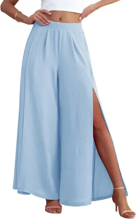 POKWAI Split Wide Leg Pants for Women Beach Vacation High Waist Lightweight Flowy Casual Summer Pants