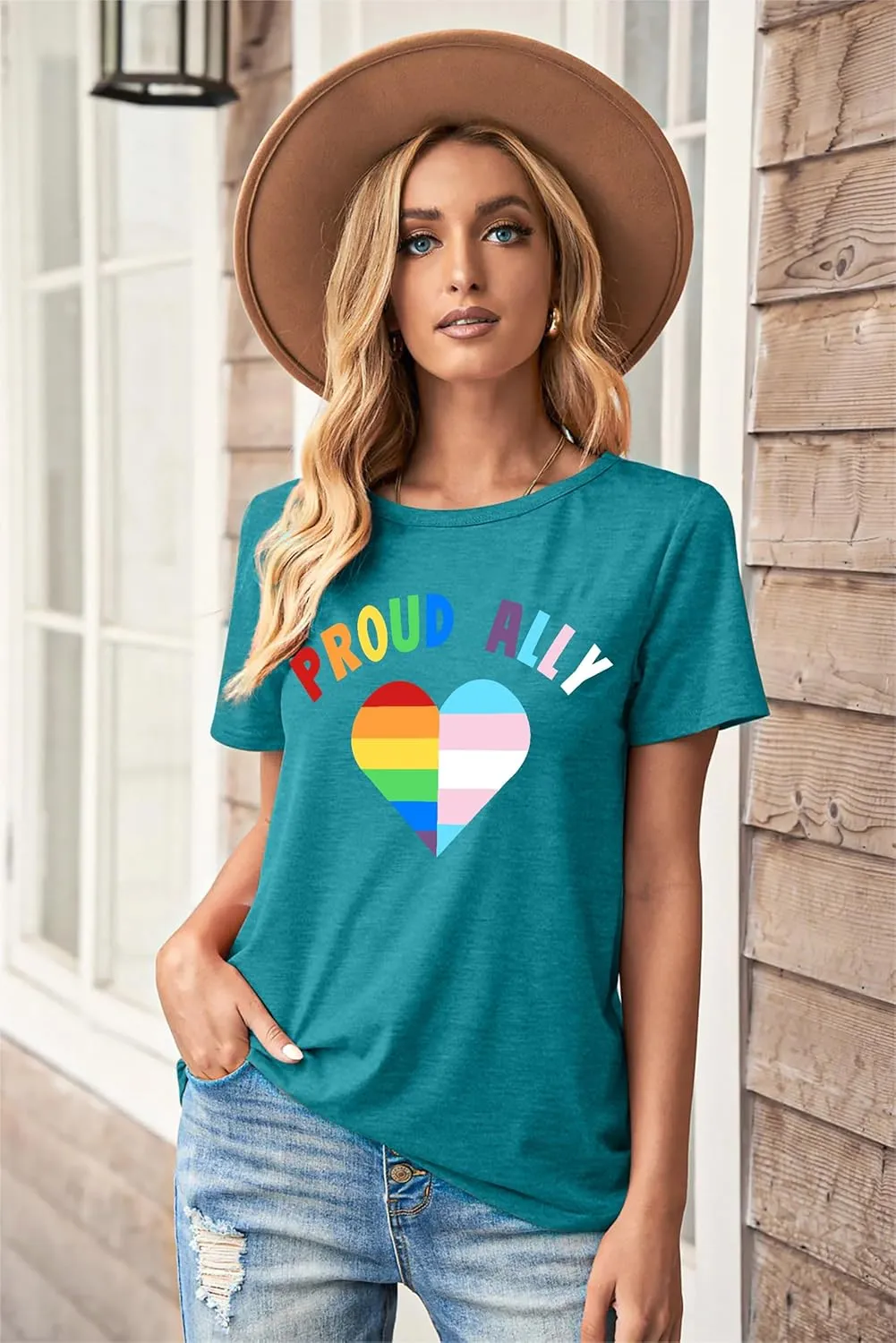 Proud Ally Shirt: Women Pride Tshirt Rainbow Heart Graphic Tees LGBTQ Equality Tshirt Short Sleeve Tops