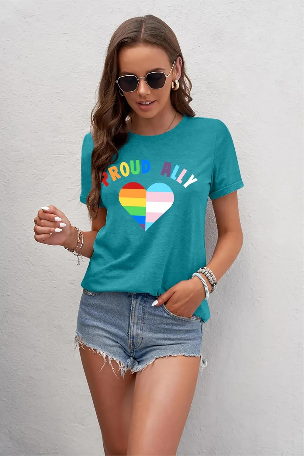 Proud Ally Shirt: Women Pride Tshirt Rainbow Heart Graphic Tees LGBTQ Equality Tshirt Short Sleeve Tops