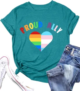 Proud Ally Shirt: Women Pride Tshirt Rainbow Heart Graphic Tees LGBTQ Equality Tshirt Short Sleeve Tops