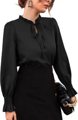 Rooscier Women's Frill Mock Neck Self Tie Shirred Ruffle Long Sleeve Elegant Blouse