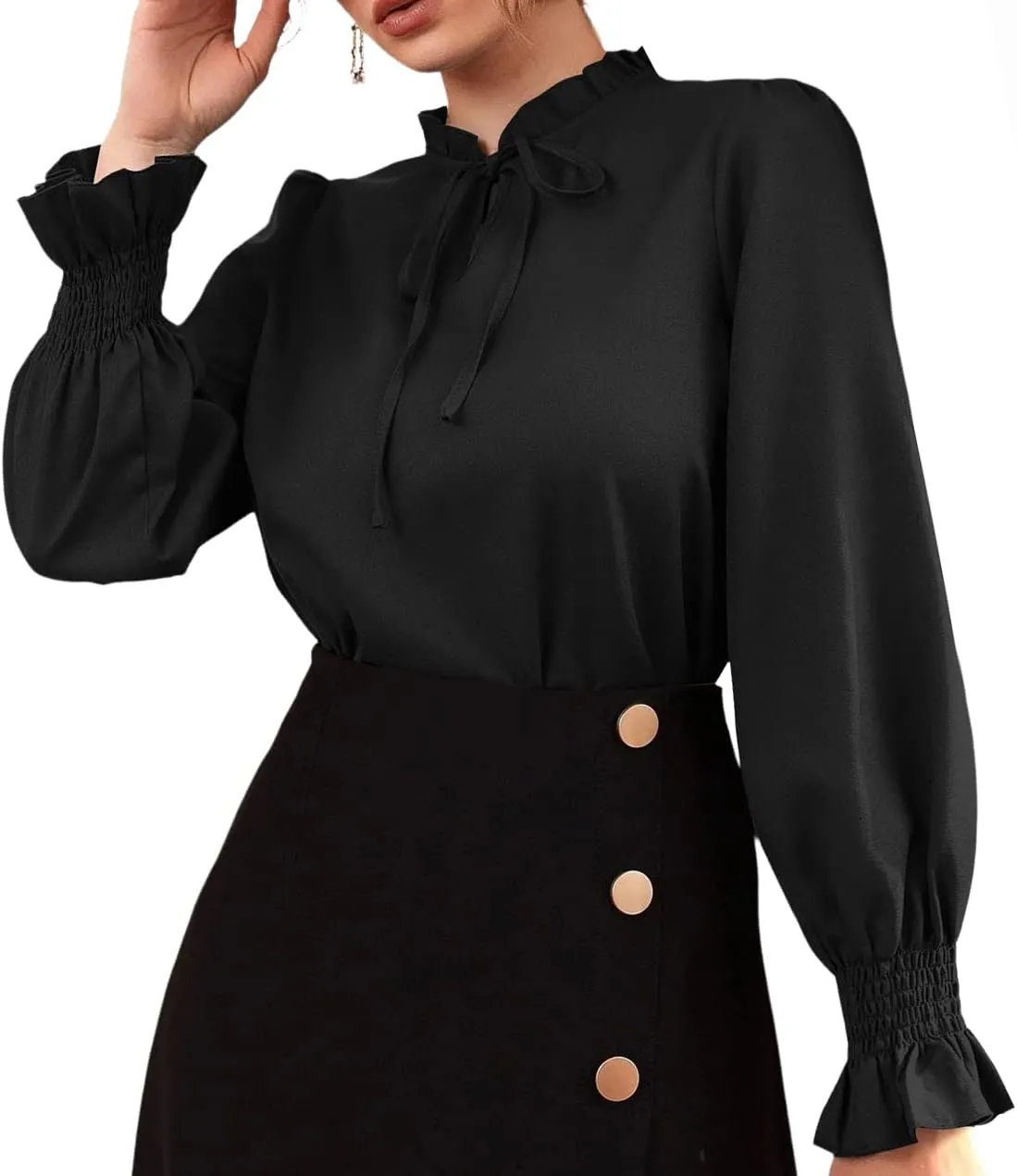 Rooscier Women's Frill Mock Neck Self Tie Shirred Ruffle Long Sleeve Elegant Blouse