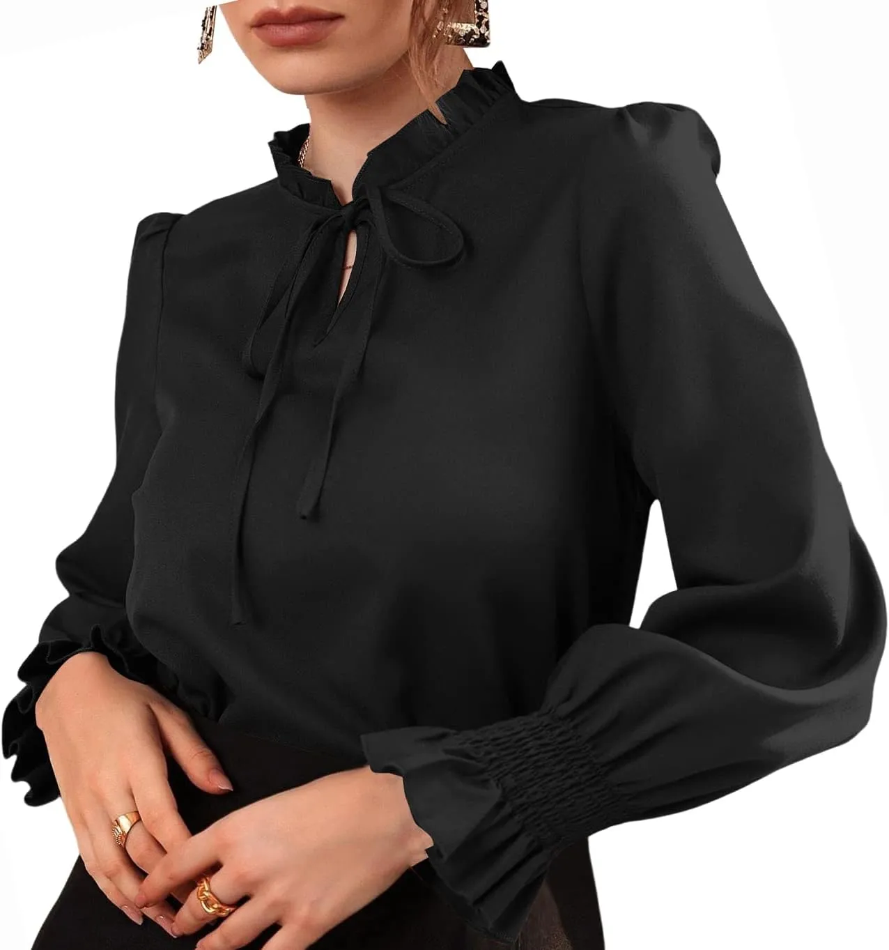 Rooscier Women's Frill Mock Neck Self Tie Shirred Ruffle Long Sleeve Elegant Blouse