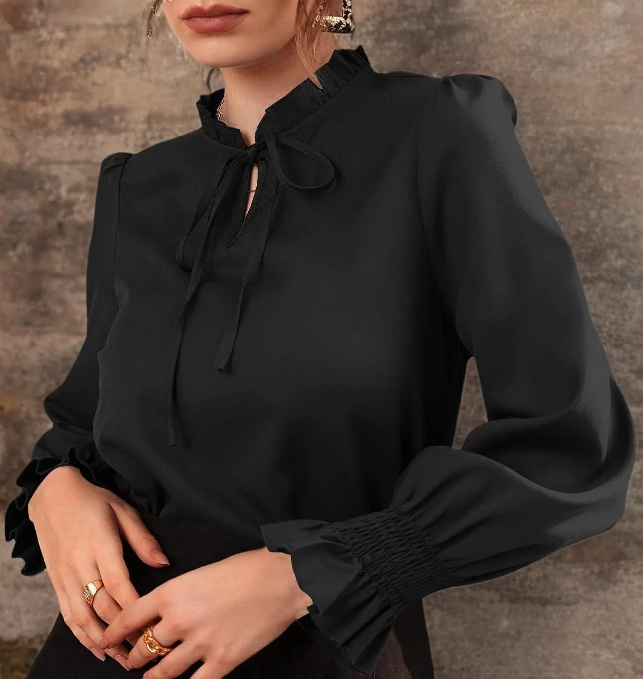 Rooscier Women's Frill Mock Neck Self Tie Shirred Ruffle Long Sleeve Elegant Blouse