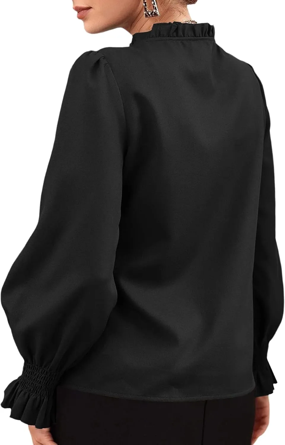 Rooscier Women's Frill Mock Neck Self Tie Shirred Ruffle Long Sleeve Elegant Blouse