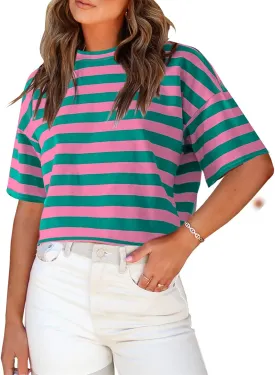 SOFIA'S CHOICE Women's Striped Crop Top Loose Fit Summer Casual Short Sleeve T Shirt