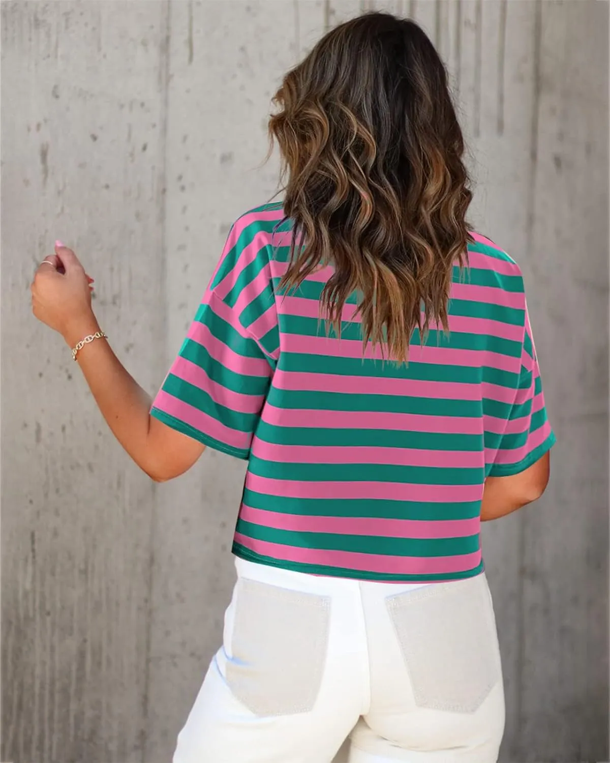 SOFIA'S CHOICE Women's Striped Crop Top Loose Fit Summer Casual Short Sleeve T Shirt