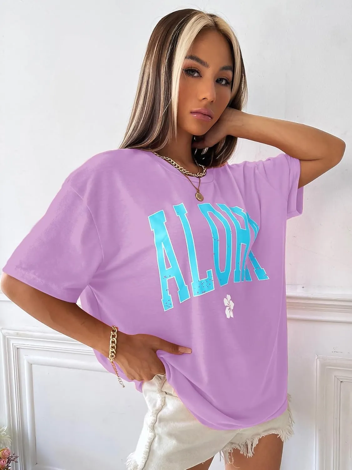 SOLY HUX Women's Oversized T Shirts Letter Print Casual Summer Tops Graphic Tees for Women