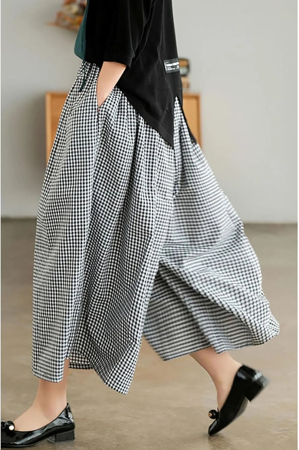 SOMTHRON Women's Summer Cotton Linen Wide Leg Culottes Pants Elastic Waist Plaid Gingham Capri Palazzo Pants