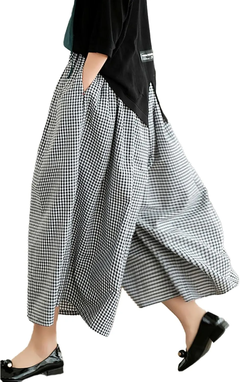 SOMTHRON Women's Summer Cotton Linen Wide Leg Culottes Pants Elastic Waist Plaid Gingham Capri Palazzo Pants