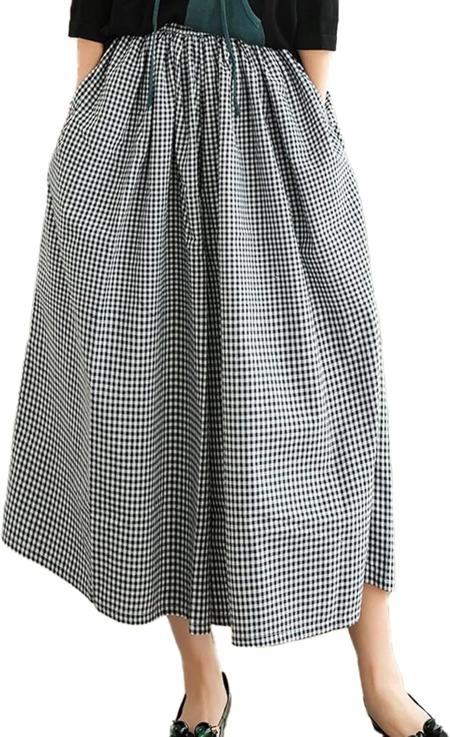 SOMTHRON Women's Summer Cotton Linen Wide Leg Culottes Pants Elastic Waist Plaid Gingham Capri Palazzo Pants