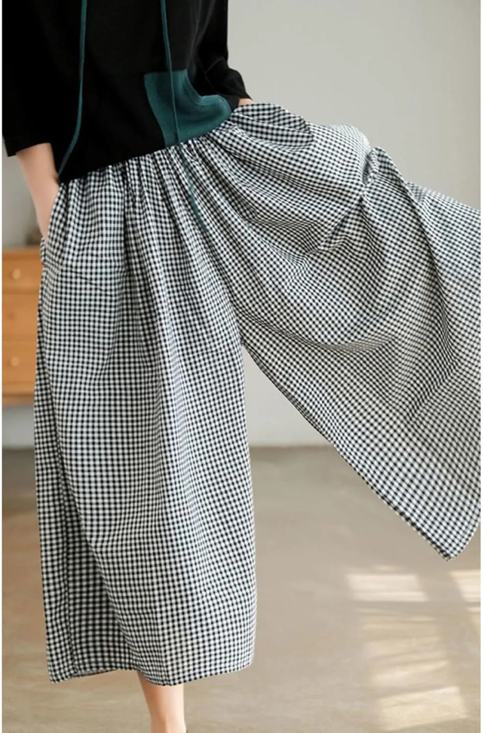 SOMTHRON Women's Summer Cotton Linen Wide Leg Culottes Pants Elastic Waist Plaid Gingham Capri Palazzo Pants