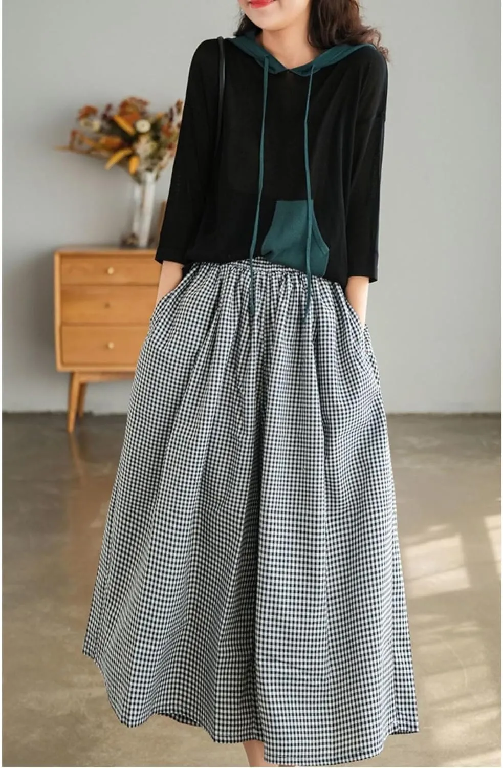 SOMTHRON Women's Summer Cotton Linen Wide Leg Culottes Pants Elastic Waist Plaid Gingham Capri Palazzo Pants