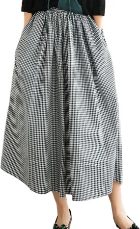 SOMTHRON Women's Summer Cotton Linen Wide Leg Culottes Pants Elastic Waist Plaid Gingham Capri Palazzo Pants