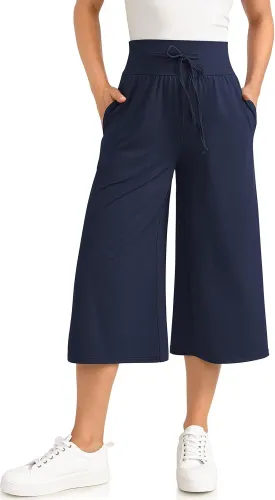 TARSE Wide Leg Cropped Palazzo Pants for Women Culottes with Pockets Summer Gaucho Pants