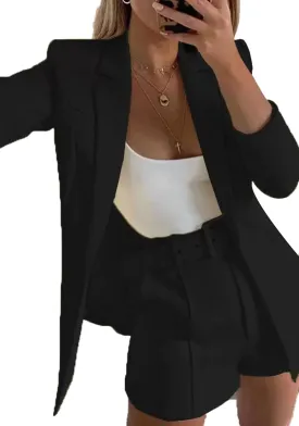 Tcremisa Blazer Shorts Set for Women 2 Piece Long Sleeve Open Front Blazers Short Suits Business Outfits with Belt