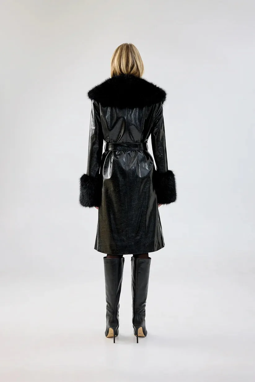 Trench Coat with Faux Cuffs and Collar - Black