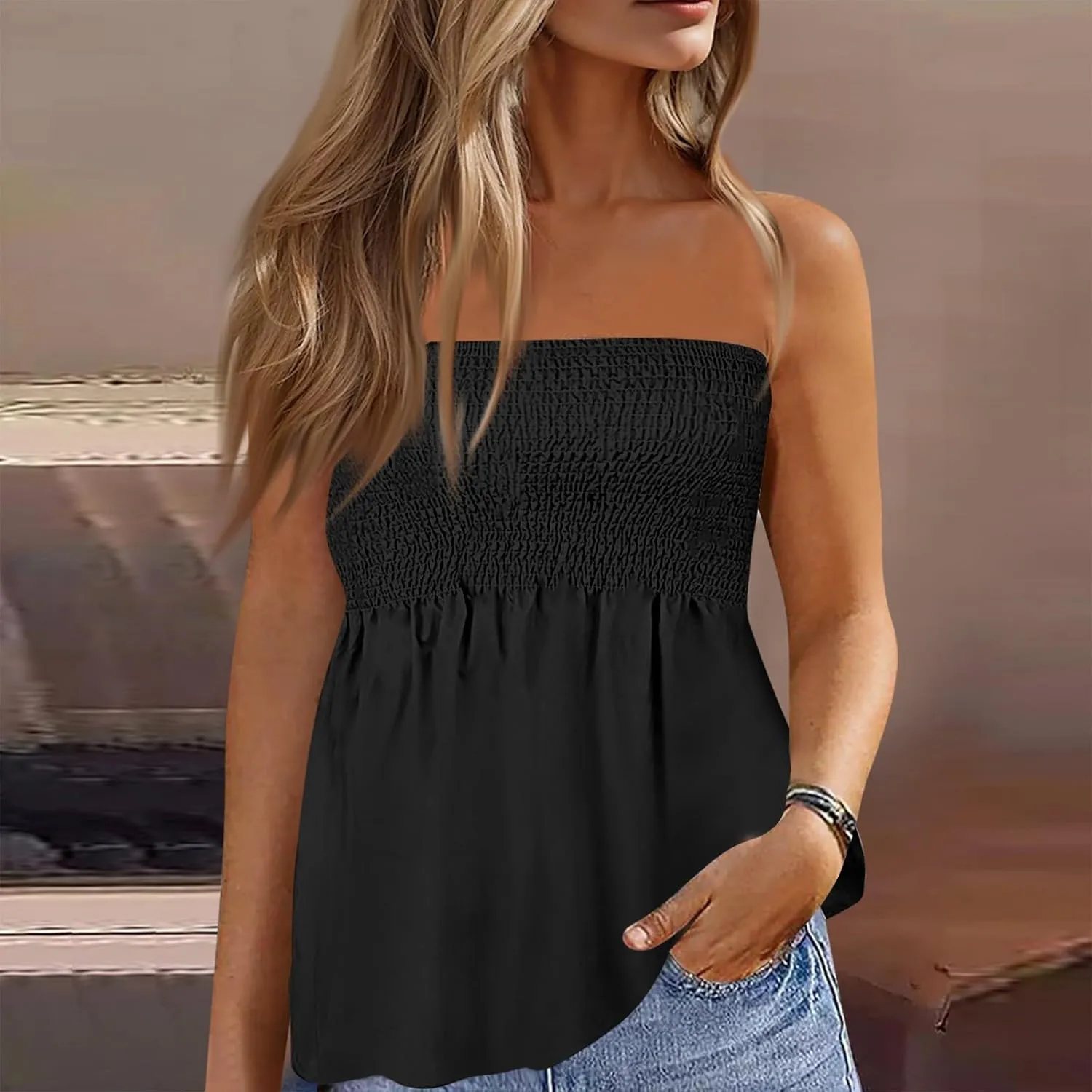 Tube Tops Women Elastic Trim Strapless Shirts Summer Casual Bandeau Tank Off The Shoulder Top Going Out Tunic