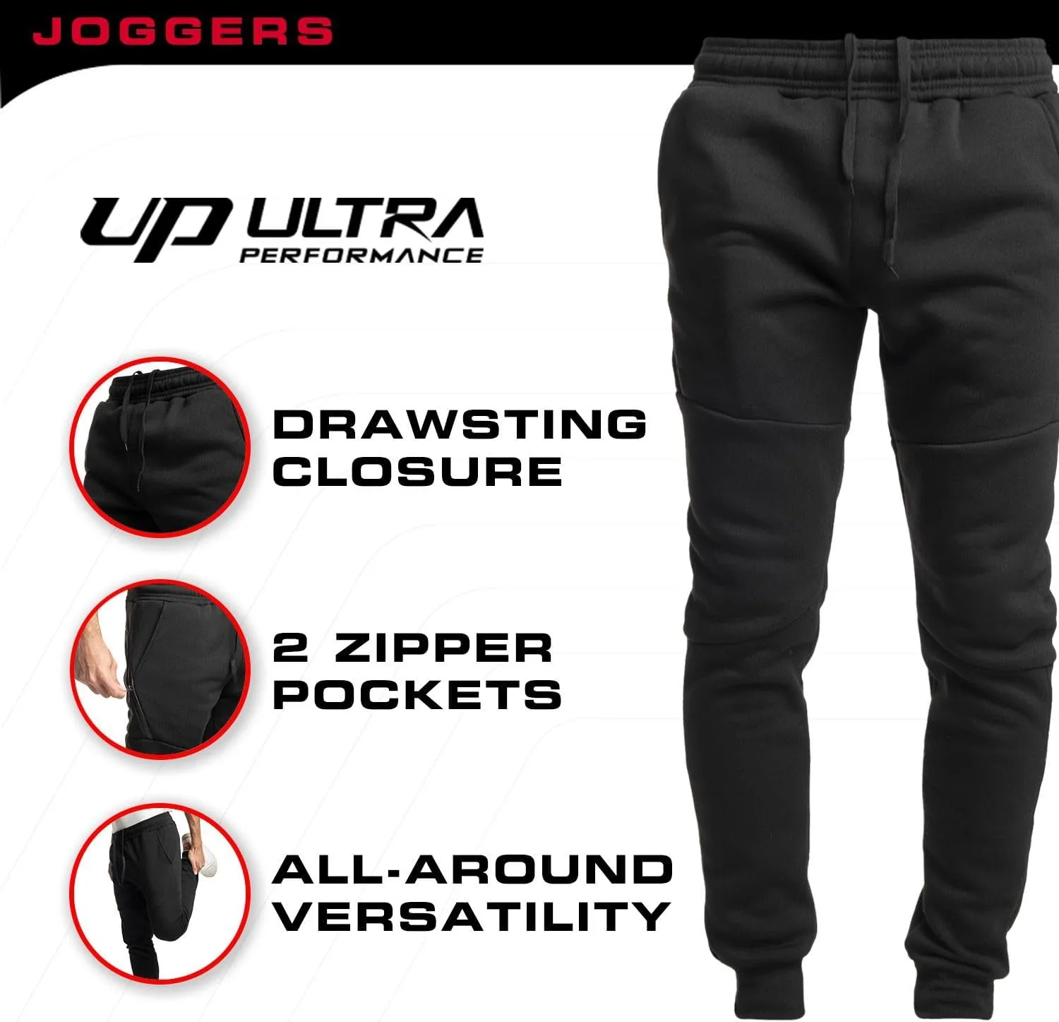 Ultra Performance 3 Pack Fleece Active Tech Joggers for Men, Mens Sweatpants with Zipper Pockets