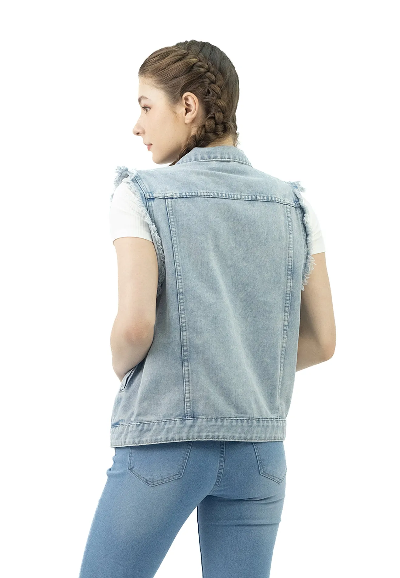 VOIR JEANS Ripped Frayed Trim Denim Vest