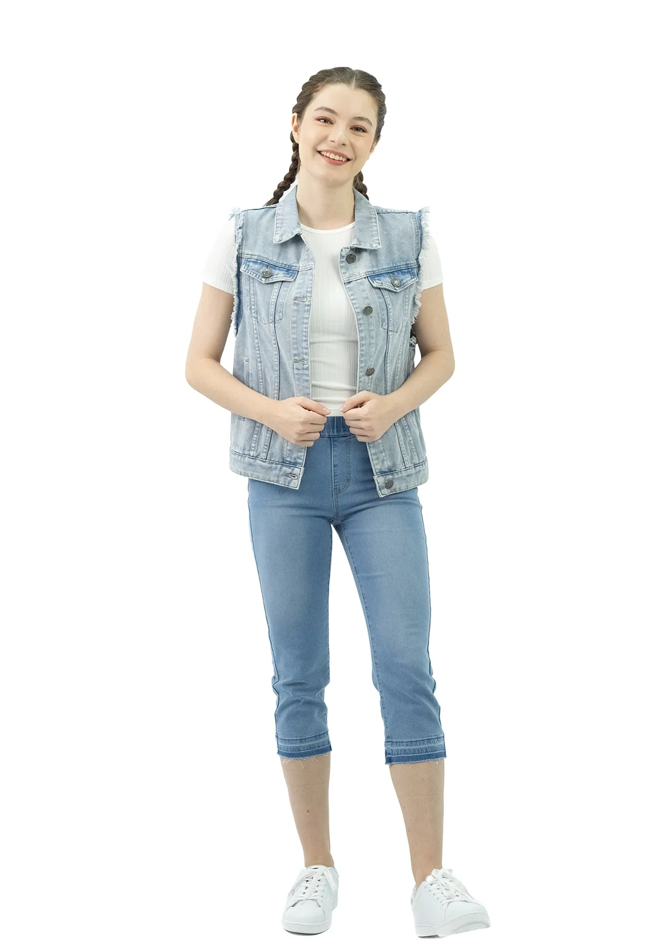 VOIR JEANS Ripped Frayed Trim Denim Vest