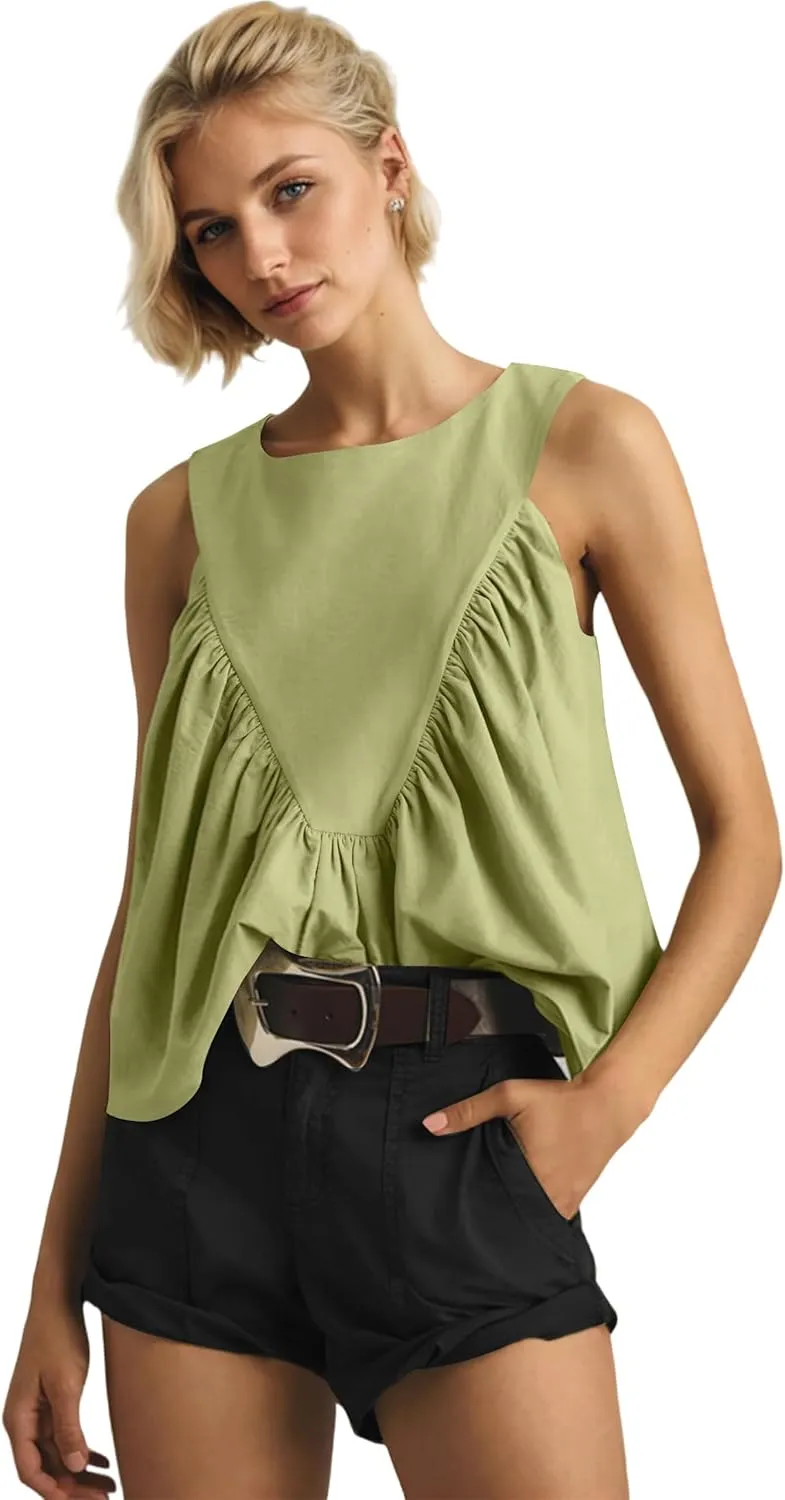 Women Babydoll Peplum Tank Tops Sleeveless Smocked Shirt Top Ruffle Hem Loose Fit Ruched Top Summer Shirred Tops