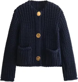Women Button Down Sweaters Crochet Chunky Knit Long Sleeves Cropped Cardigan Open Front Outwear with Pockets