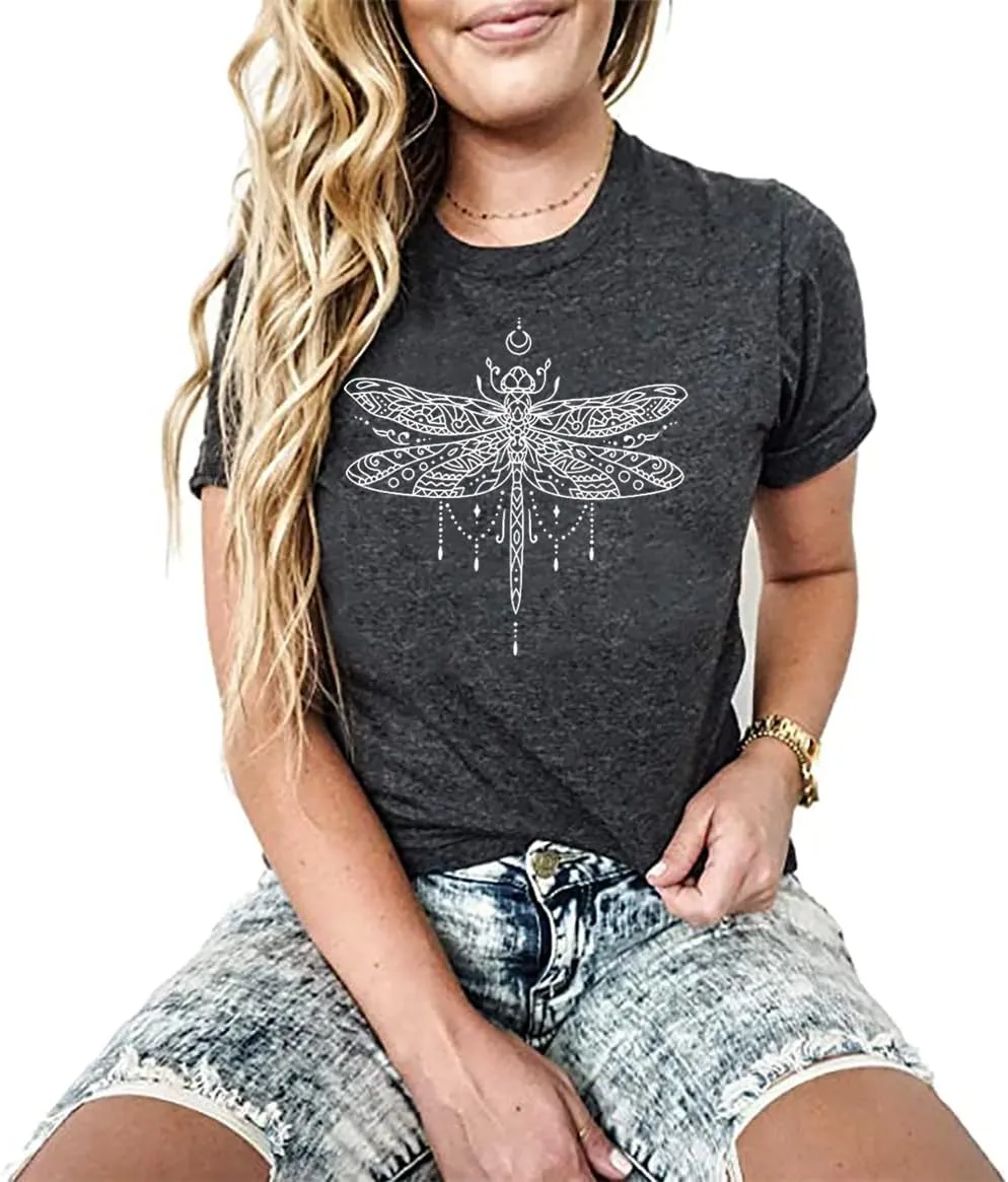Women Dragonfly Shirt Dragonflies Tshirt Nature Lover Gift Tee Casual Summer Short Sleeve Tee Tops