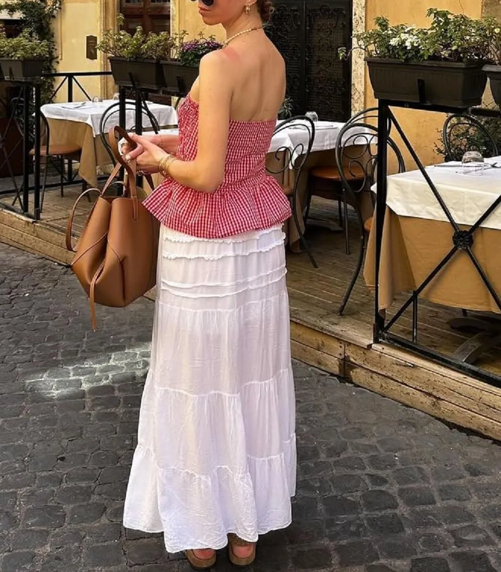 Women Gingham Tube Top Smocked Ruffled Bandeau Tank Shirred Strapless Crop Top Plaid Ruched Backless Summer Tops