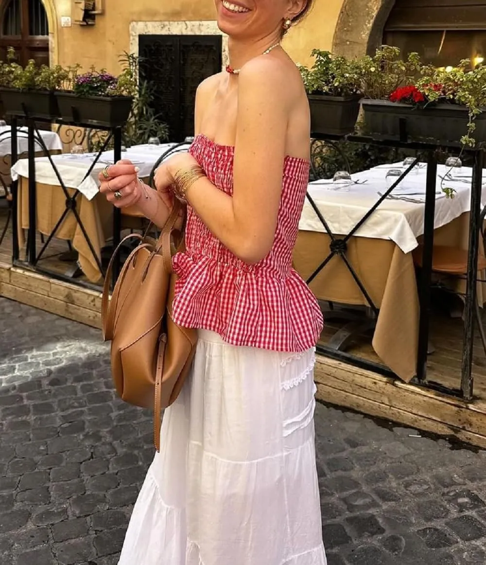 Women Gingham Tube Top Smocked Ruffled Bandeau Tank Shirred Strapless Crop Top Plaid Ruched Backless Summer Tops