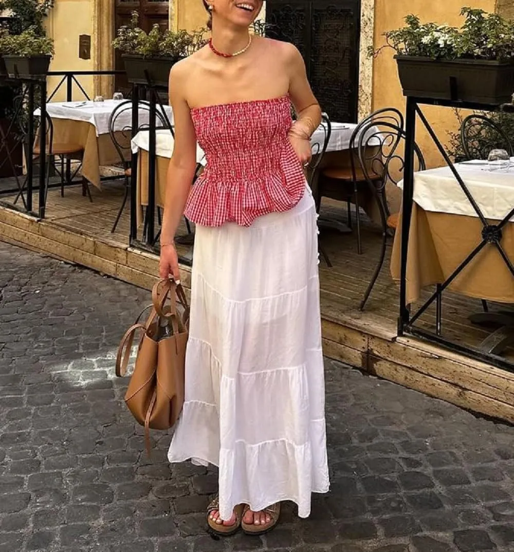 Women Gingham Tube Top Smocked Ruffled Bandeau Tank Shirred Strapless Crop Top Plaid Ruched Backless Summer Tops