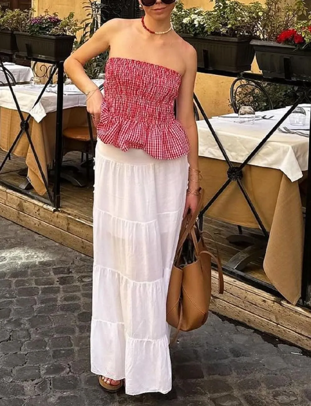 Women Gingham Tube Top Smocked Ruffled Bandeau Tank Shirred Strapless Crop Top Plaid Ruched Backless Summer Tops