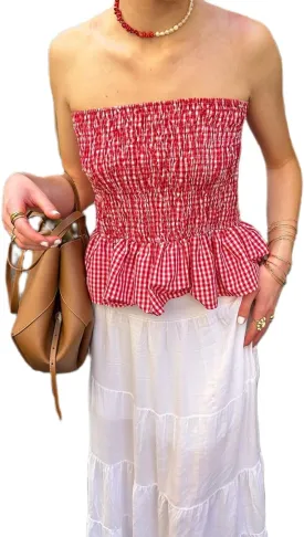 Women Gingham Tube Top Smocked Ruffled Bandeau Tank Shirred Strapless Crop Top Plaid Ruched Backless Summer Tops