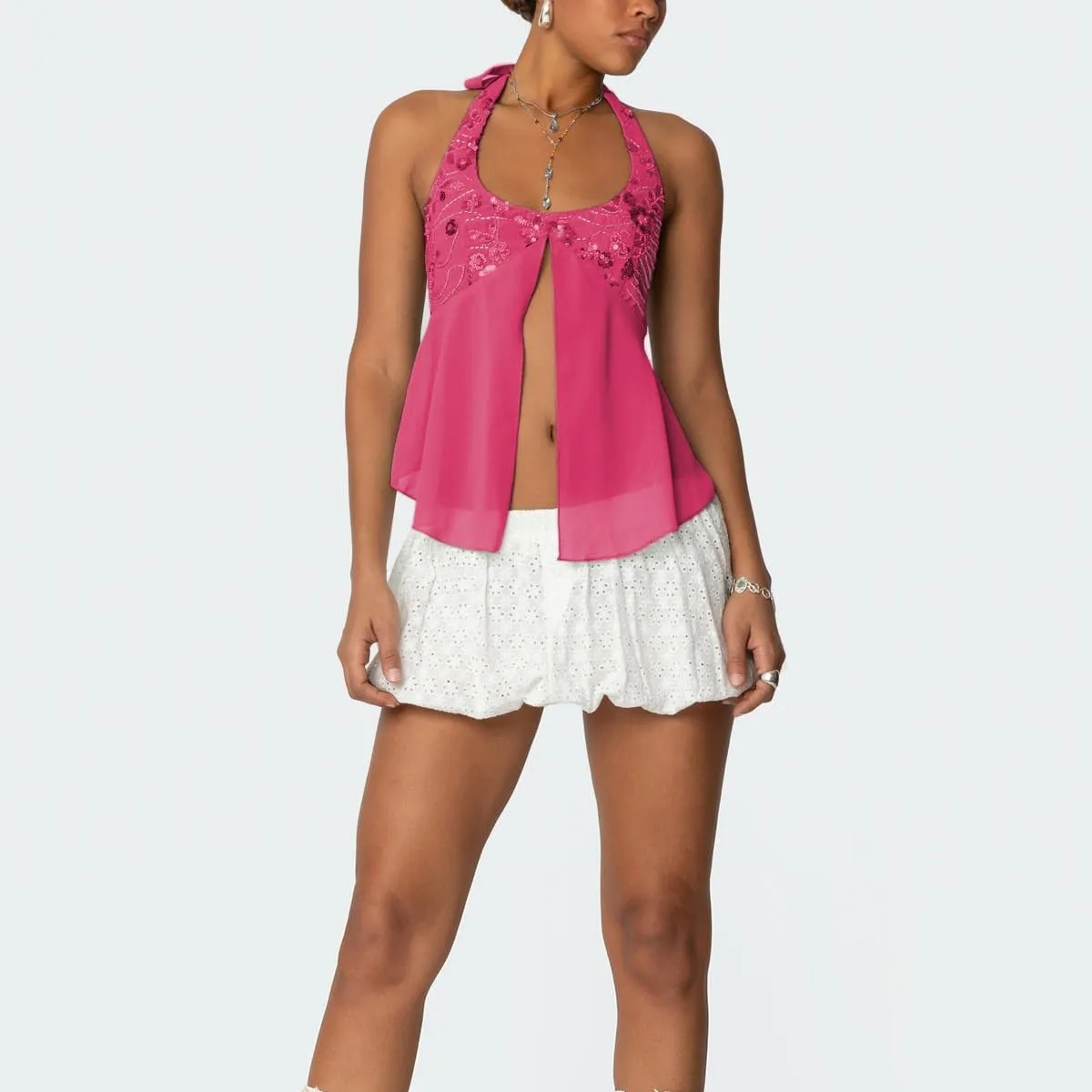 Women Sequin Beaded Halter Cami Top Y2k Glitter Low Cut Sleeveless Sparkly Tank Top Sexy Open Back Going Out Vest