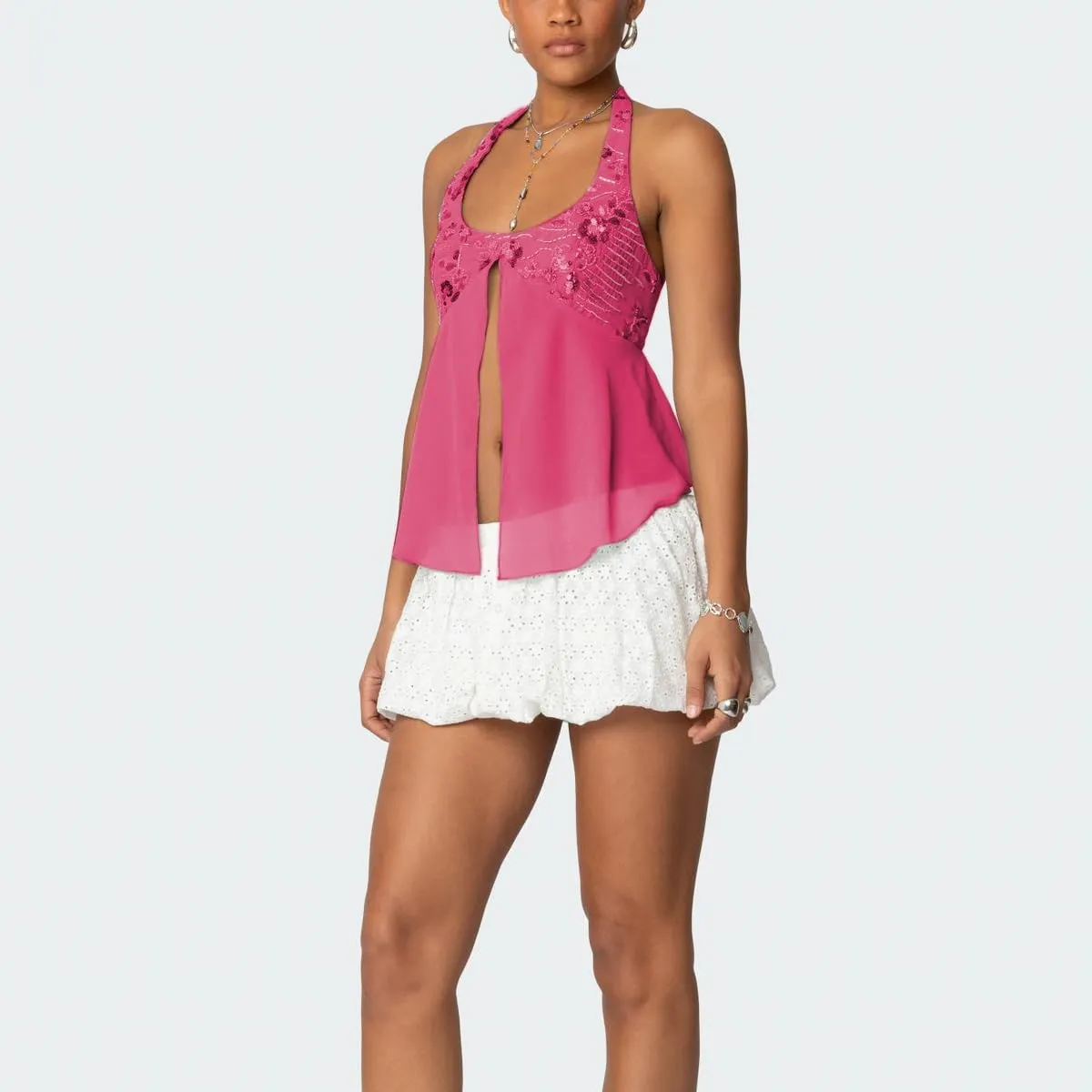Women Sequin Beaded Halter Cami Top Y2k Glitter Low Cut Sleeveless Sparkly Tank Top Sexy Open Back Going Out Vest