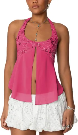 Women Sequin Beaded Halter Cami Top Y2k Glitter Low Cut Sleeveless Sparkly Tank Top Sexy Open Back Going Out Vest