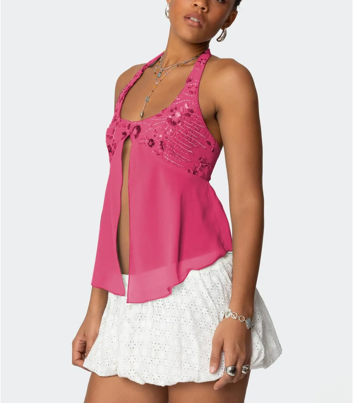 Women Sequin Beaded Halter Cami Top Y2k Glitter Low Cut Sleeveless Sparkly Tank Top Sexy Open Back Going Out Vest