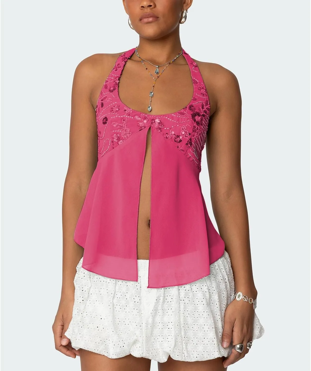 Women Sequin Beaded Halter Cami Top Y2k Glitter Low Cut Sleeveless Sparkly Tank Top Sexy Open Back Going Out Vest
