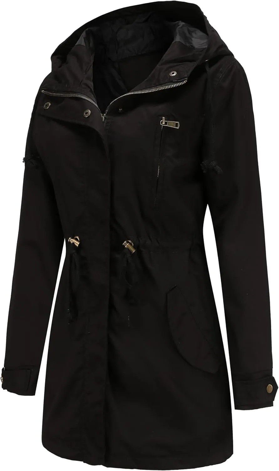 Women Trench Coat Windbreaker Zip Up Jacket With Pockets Casual Long Sleeve Outwear with Waist Drawstring