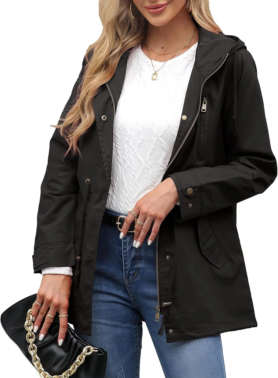 Women Trench Coat Windbreaker Zip Up Jacket With Pockets Casual Long Sleeve Outwear with Waist Drawstring