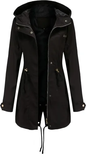 Women Trench Coat Windbreaker Zip Up Jacket With Pockets Casual Long Sleeve Outwear with Waist Drawstring