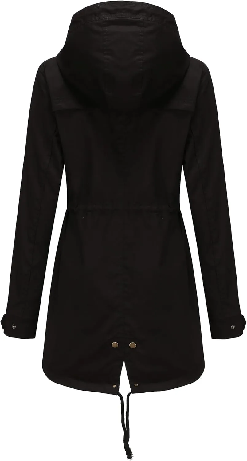 Women Trench Coat Windbreaker Zip Up Jacket With Pockets Casual Long Sleeve Outwear with Waist Drawstring